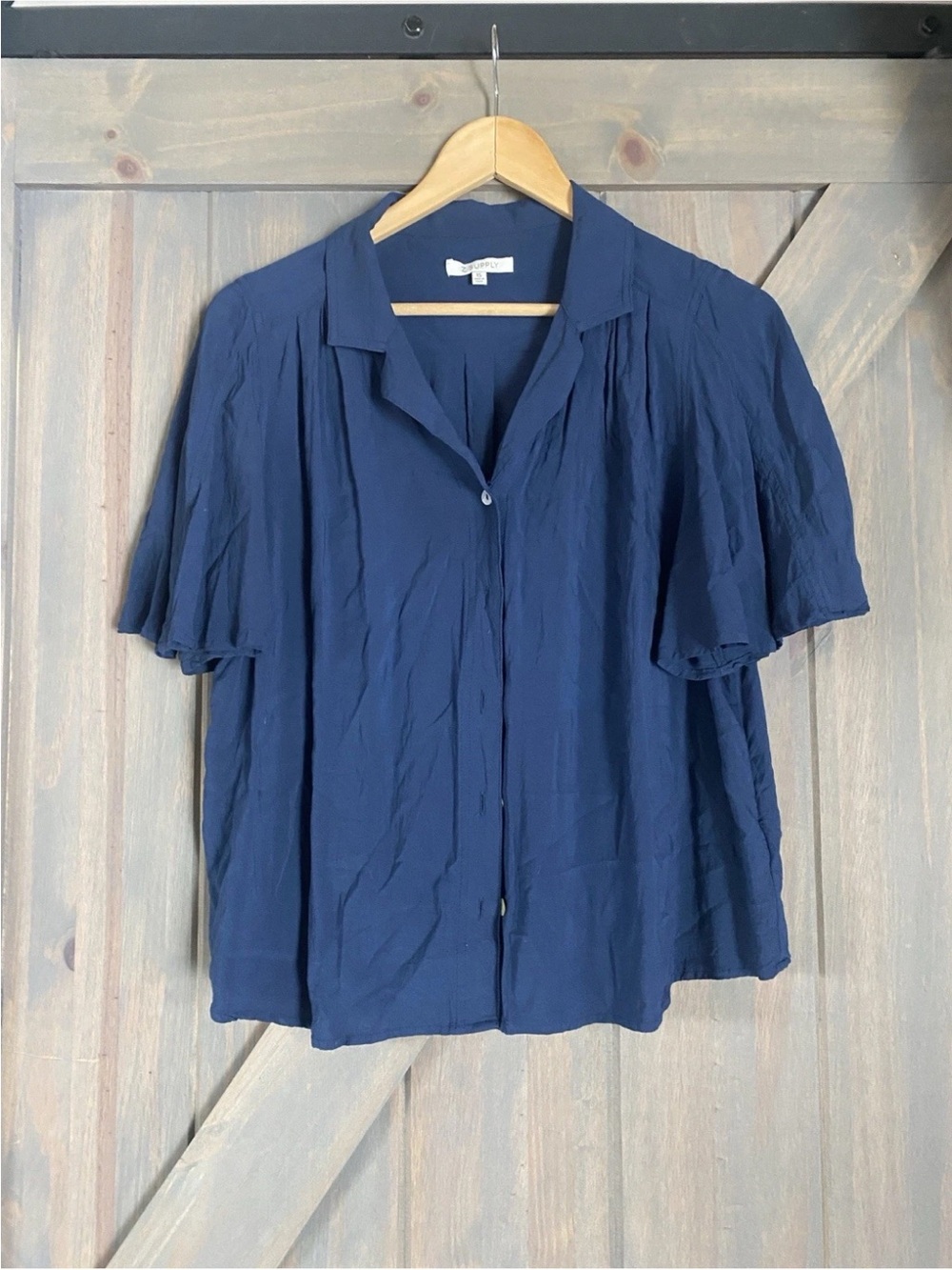 Z Supply Navy Button-Front Flutter Sleeve Top